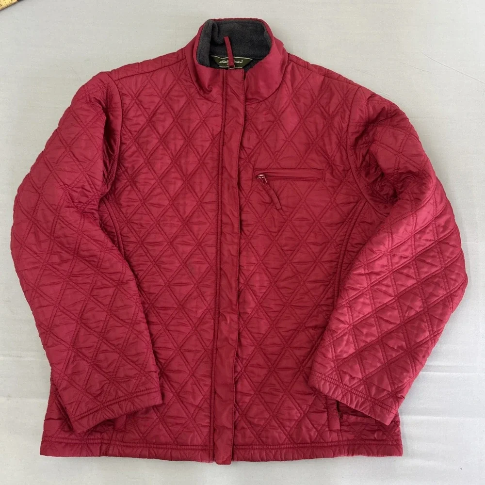Eddie Bauer Womens Red Quilted Puffer Jacket Diamond Stitch Full Zip Coat Large